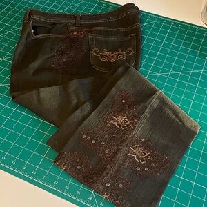 Chicos Platinum Black Denim Jeans with Brown Lace & Sequin Accents
